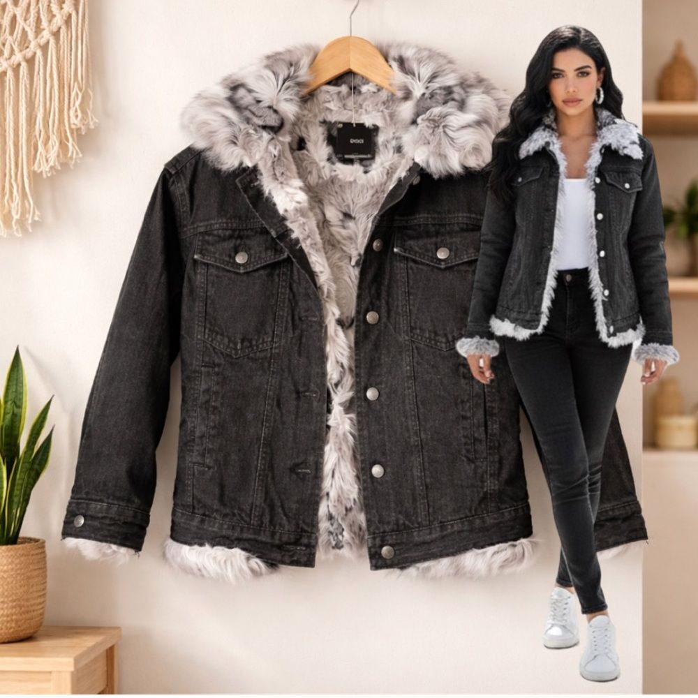 BDG REVOLVE Gray white faux fur button up denim, jean jacket size Small - Med